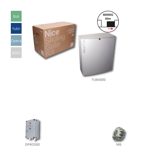 TUB motor pro posuvnou bránu do 4000kg, 1xTUB4000, (400V nebo 230V, 580W, 7700N), 1x DPRO500, pastorek M6, chlazení ventilátorem, mechanická brzda